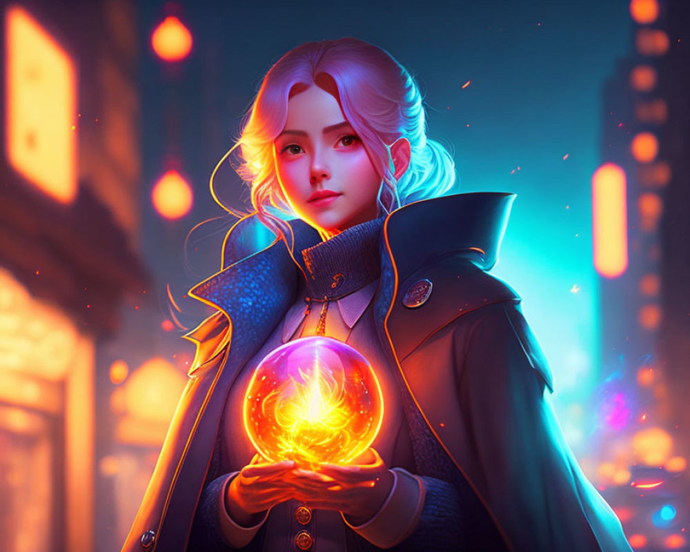 Silver-haired woman holds glowing orb in futuristic cityscape with neon lights