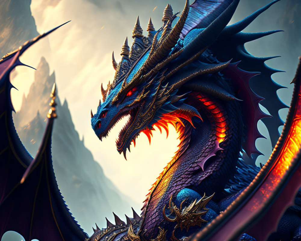 Iridescent Dragon with Multiple Horns and Sharp Teeth in Mountainous Setting
