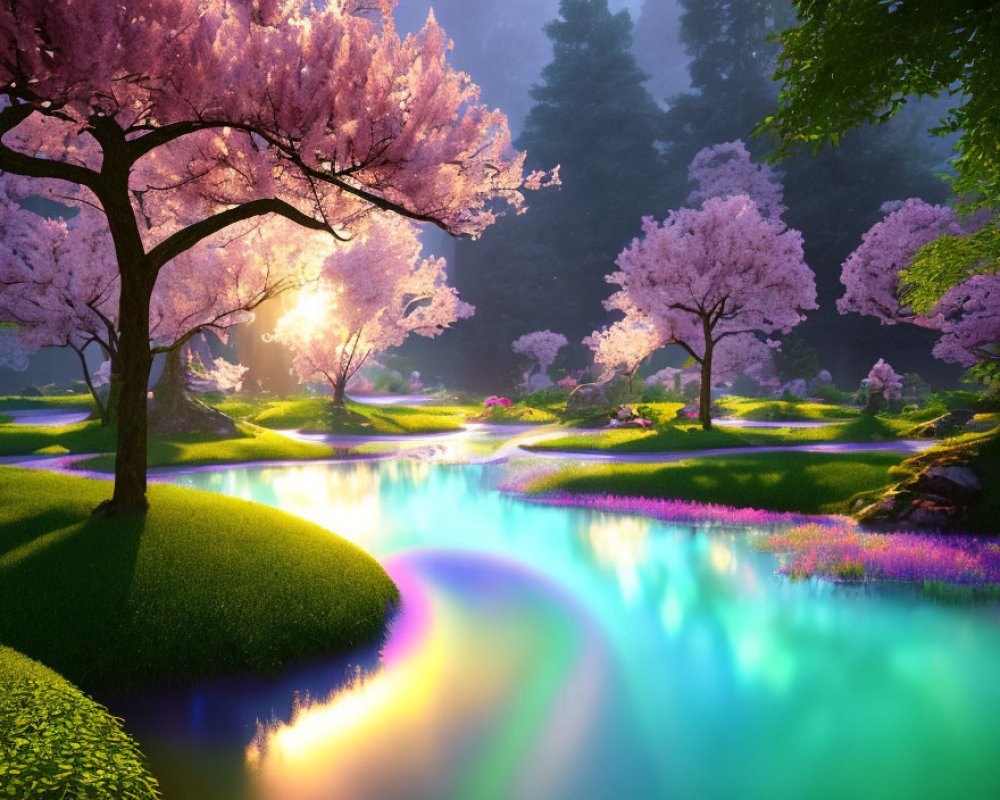 Tranquil cherry blossom river scene at sunrise