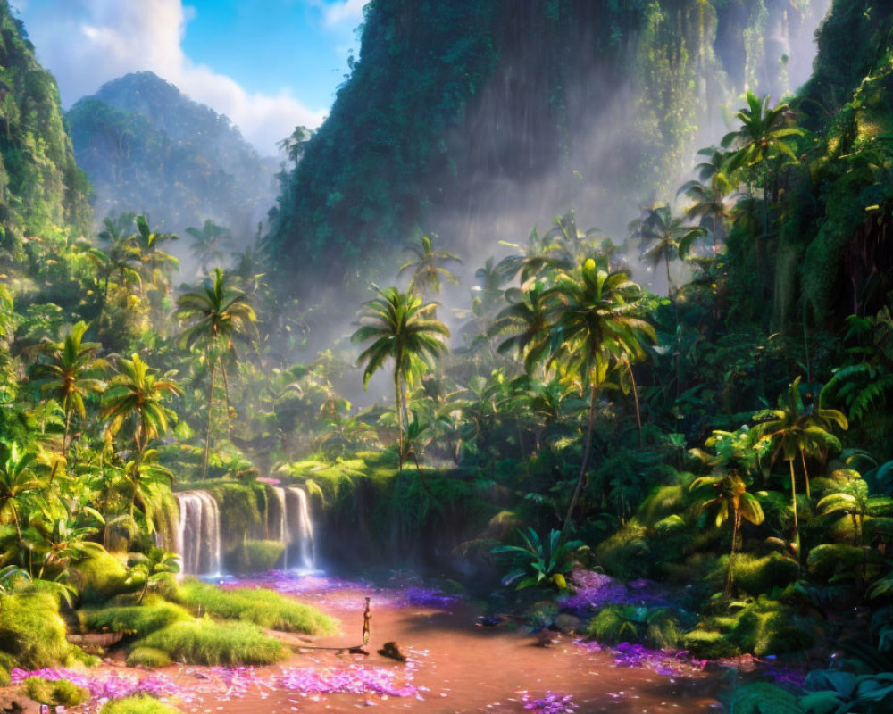 Lush jungle scene with sunlight, waterfalls, river, and floating petals