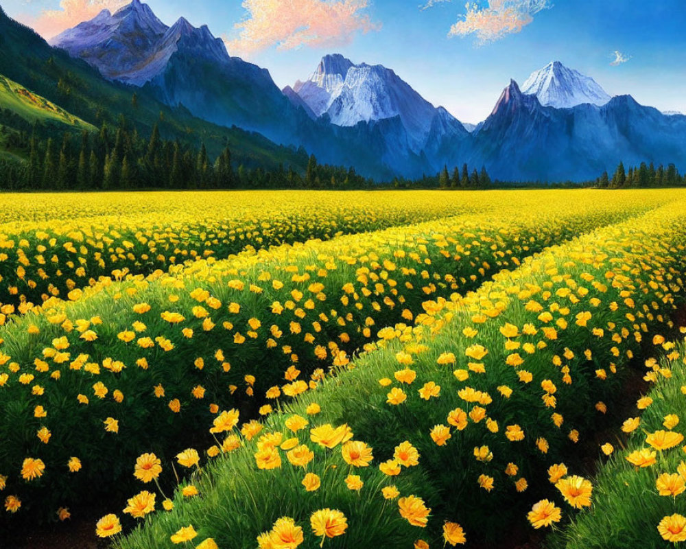 Scenic yellow flower field with snow-capped mountains