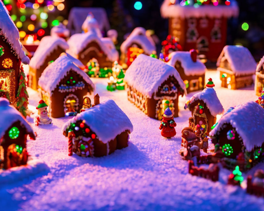 Miniature Christmas village with snow-covered gingerbread houses & festive decorations
