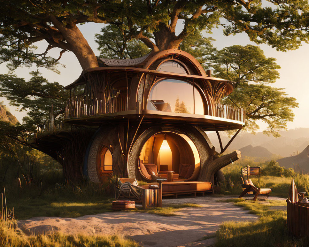 Serene forest sunset treehouse with round windows & cozy interior
