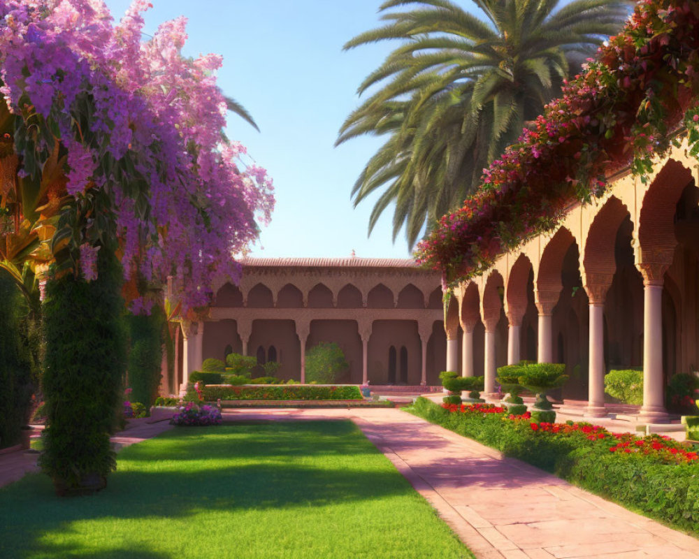 Tranquil garden with lush green grass, vibrant flowers, palm trees, and purple blossoms next