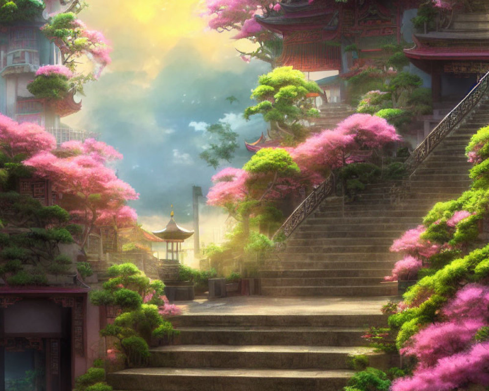 Fantastical pink blooming trees and Asian architecture in serene scene