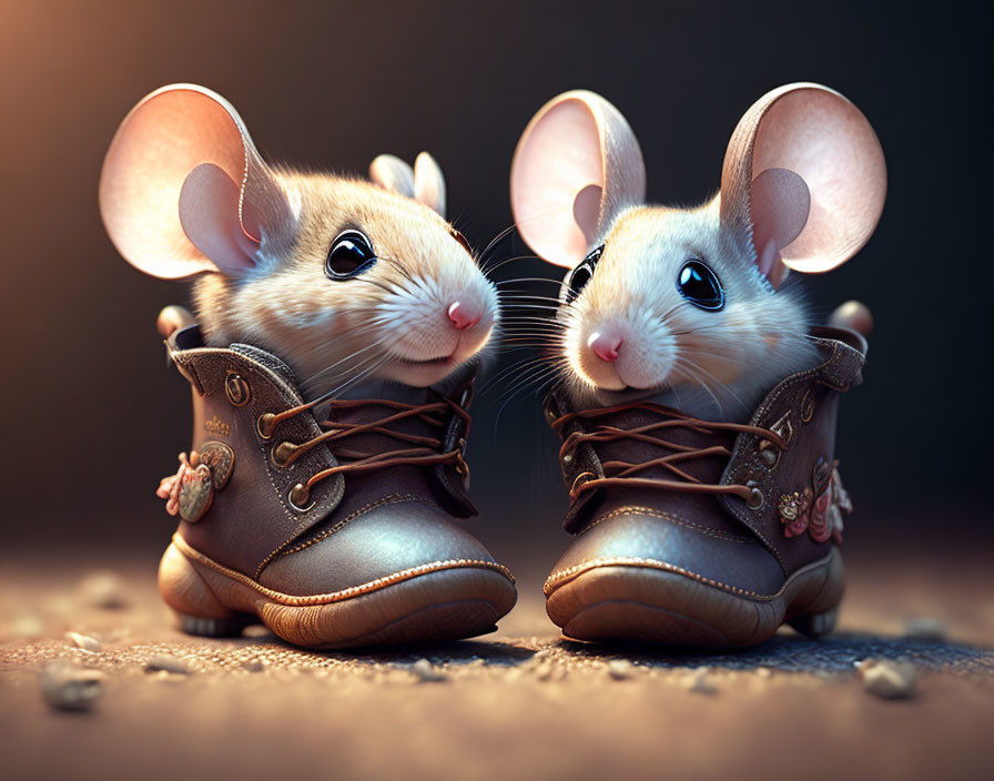 Adorable animated mice in brown boots with intricate detailing