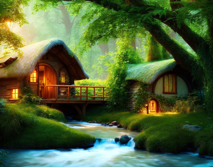 Moss-covered cottages by a stream in misty forest with glowing lights