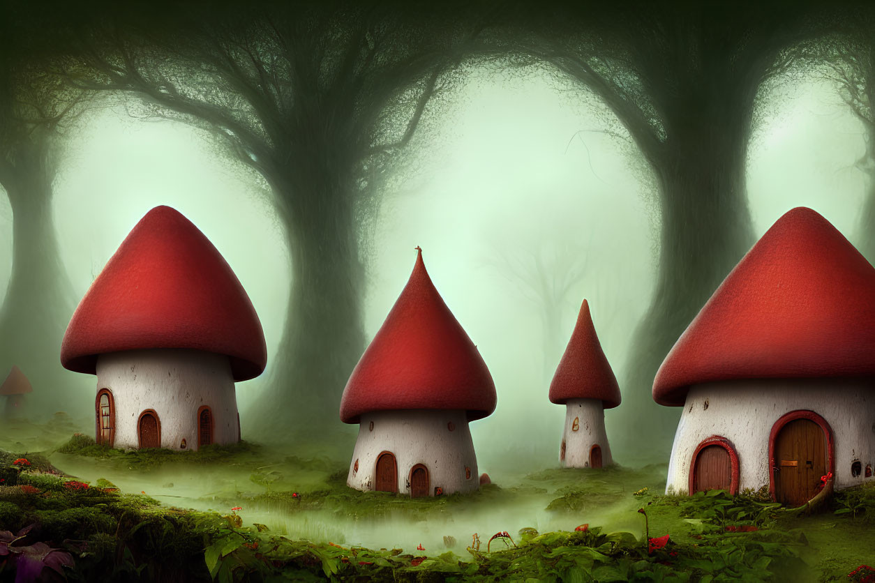 Whimsical mushroom-shaped houses in foggy forest clearing