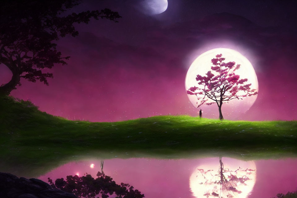 Nighttime landscape with full moon, blooming tree, pond, and figure.