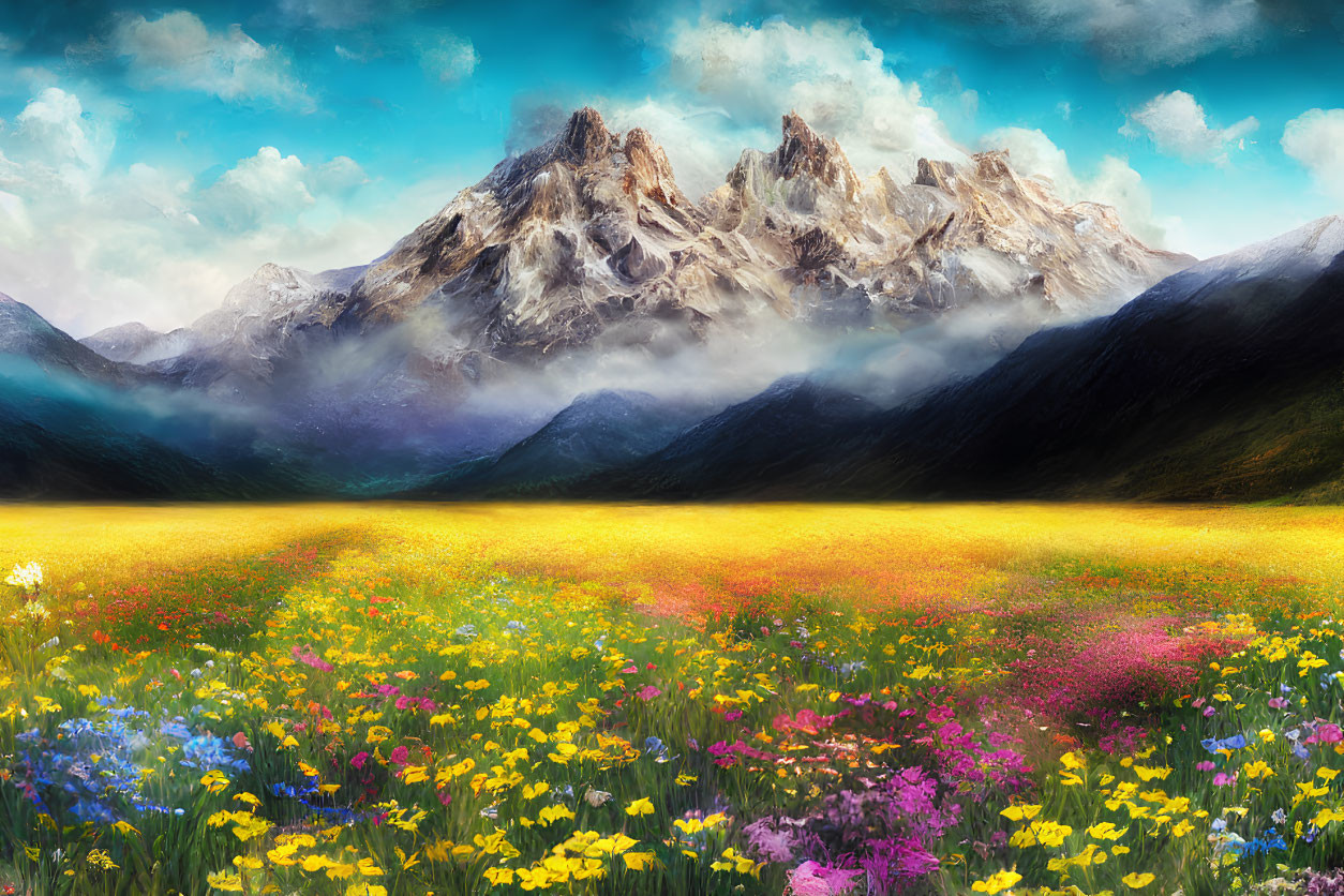 Colorful wildflowers in front of misty mountains under blue sky