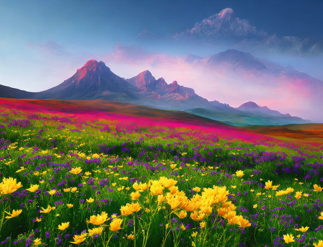 Colorful meadow with wildflowers, rolling hills, misty mountains under pastel sky