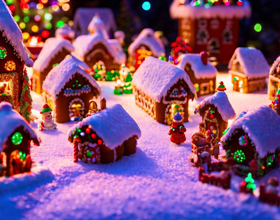 Miniature Christmas village with snow-covered gingerbread houses & festive decorations