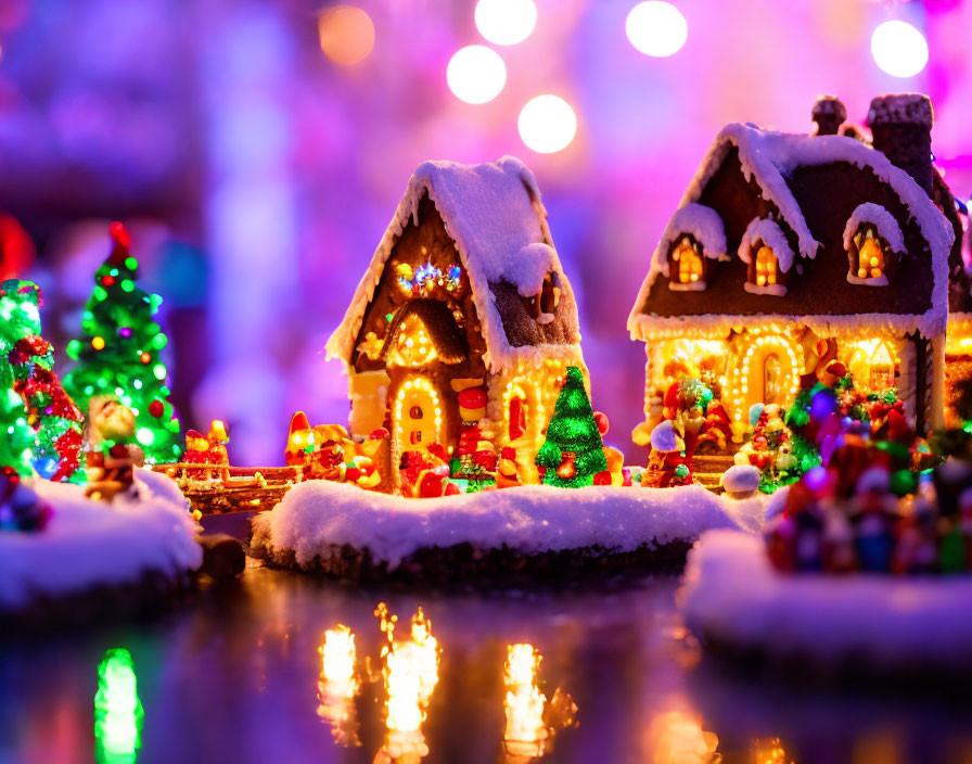 Miniature Christmas village display with illuminated houses and snow-covered trees