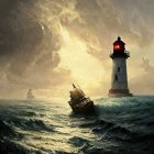 Lighthouse, ships, stormy seas, dramatic sky - Maritime Scene.