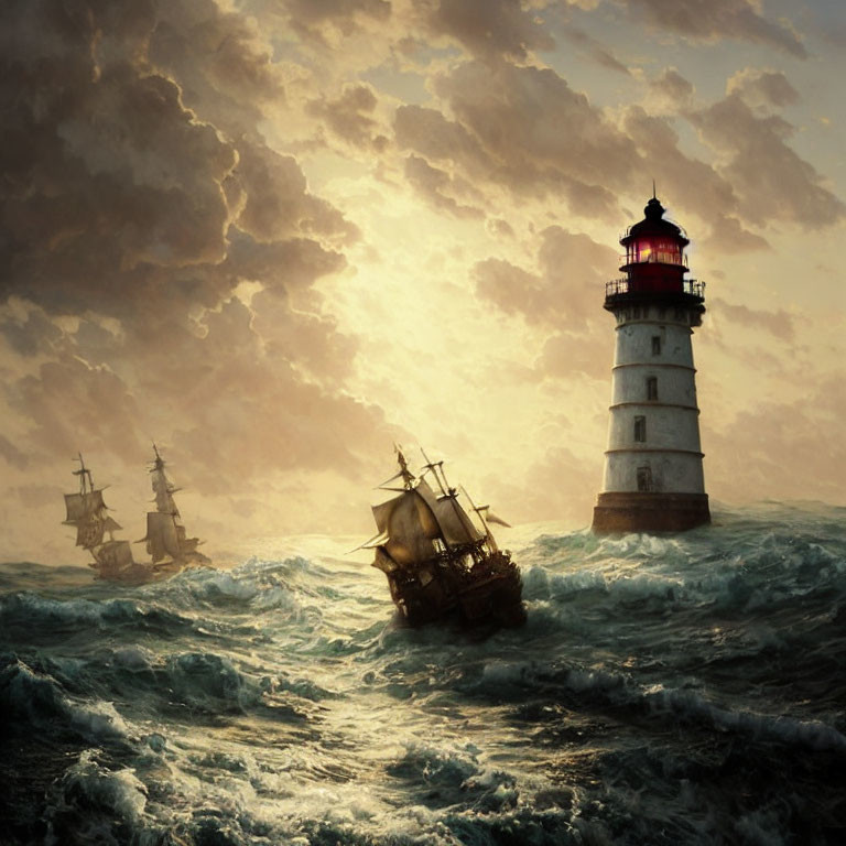 Lighthouse, ships, stormy seas, dramatic sky - Maritime Scene.