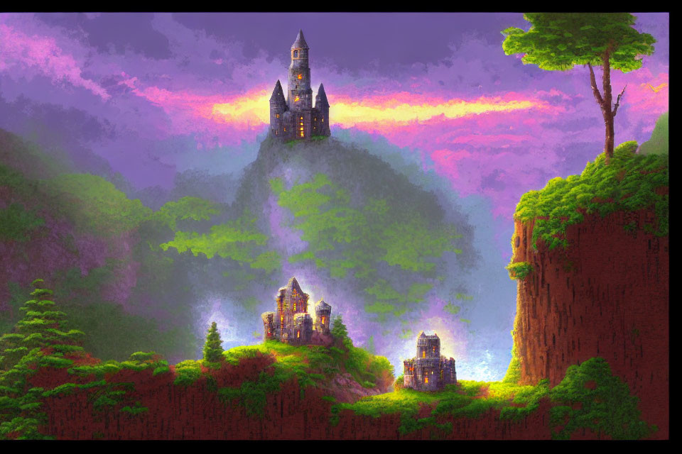 Mystical dusk landscape with castle on cliff, lush forests, purple sky.