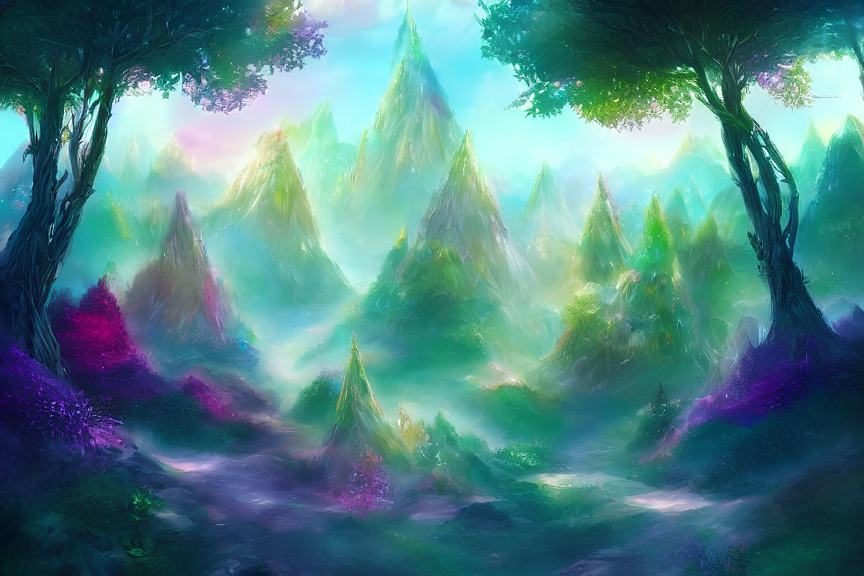 Vibrant colorful foliage in misty mystical valley
