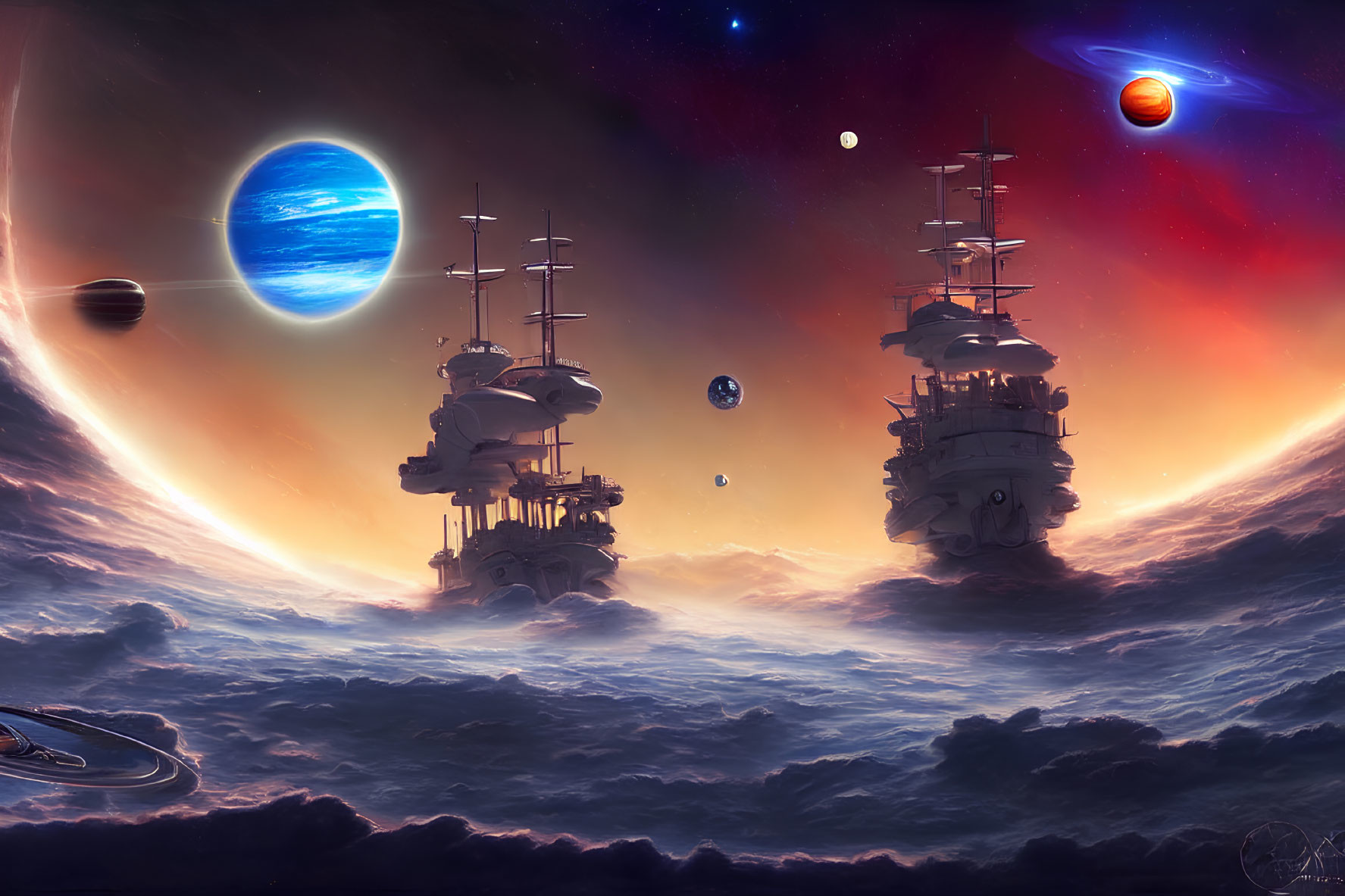 Sci-fi scene: Floating ships, starry sky, vibrant planets