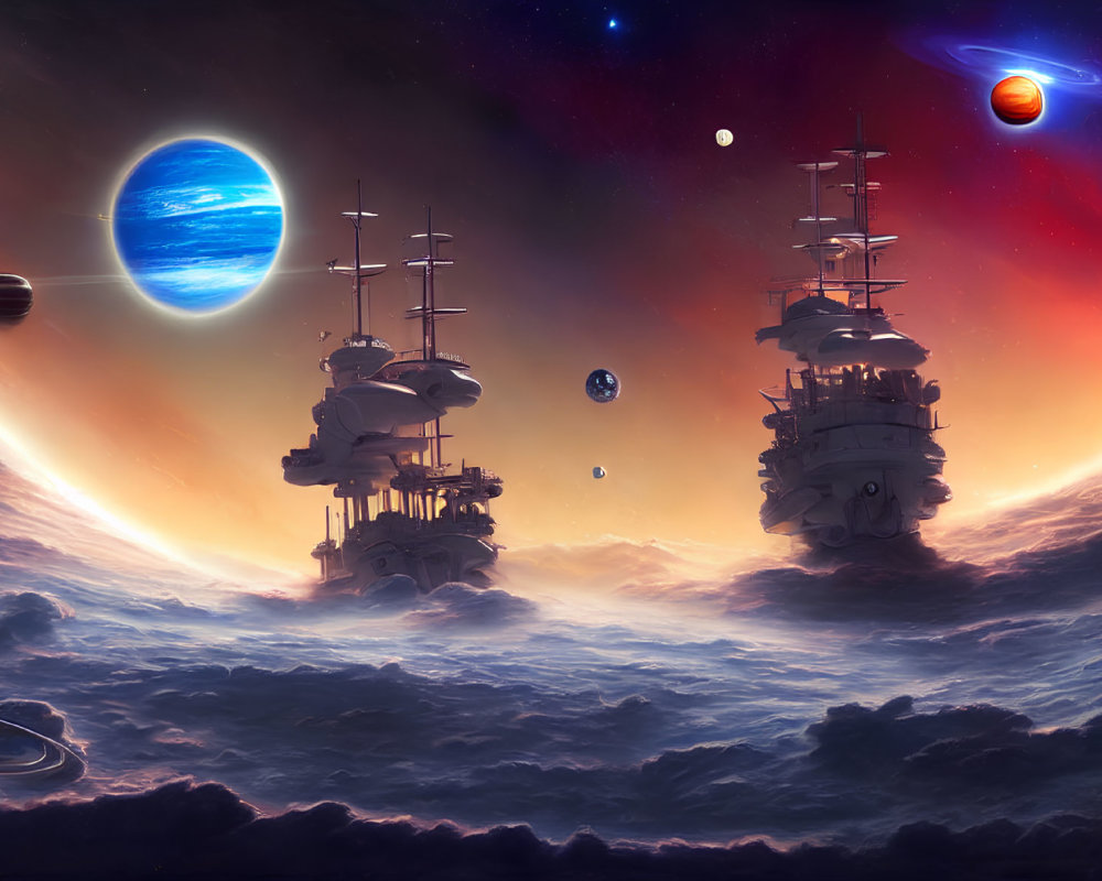 Sci-fi scene: Floating ships, starry sky, vibrant planets