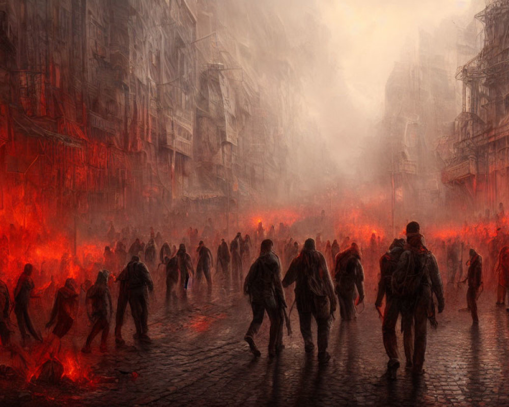 Silhouetted figures in foggy, red-lit dystopian street.