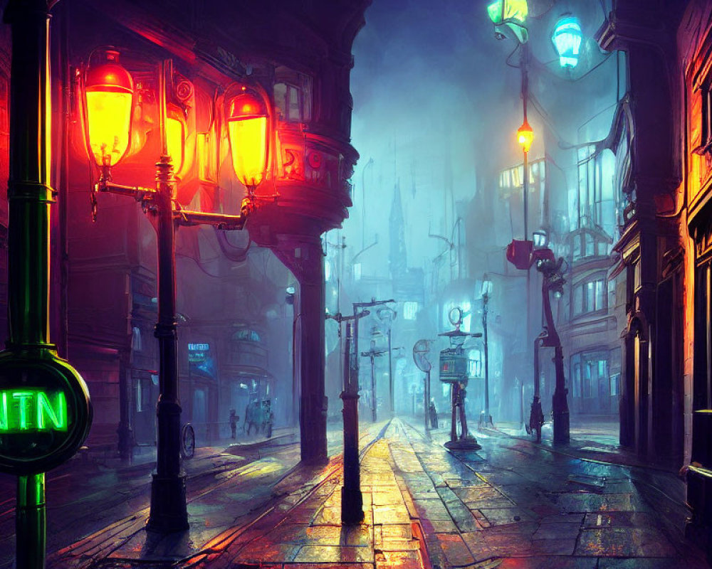 Colorful street lamps illuminate misty, gothic cityscape.