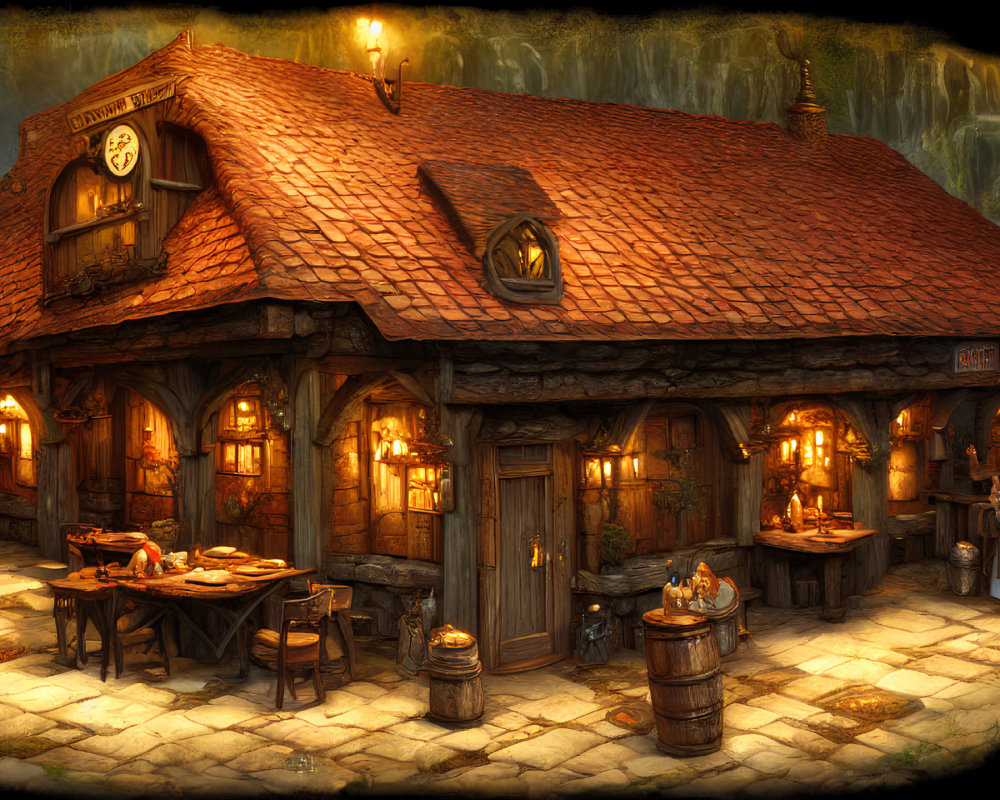 Cozy Fantasy Tavern with Lanterns and Thatched Roof