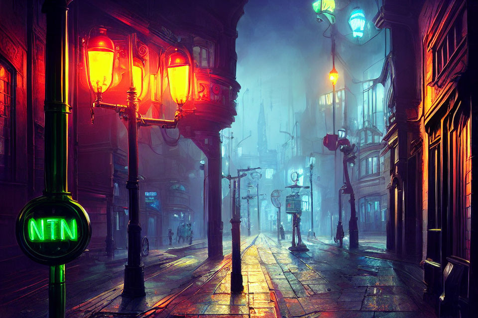 Colorful street lamps illuminate misty, gothic cityscape.