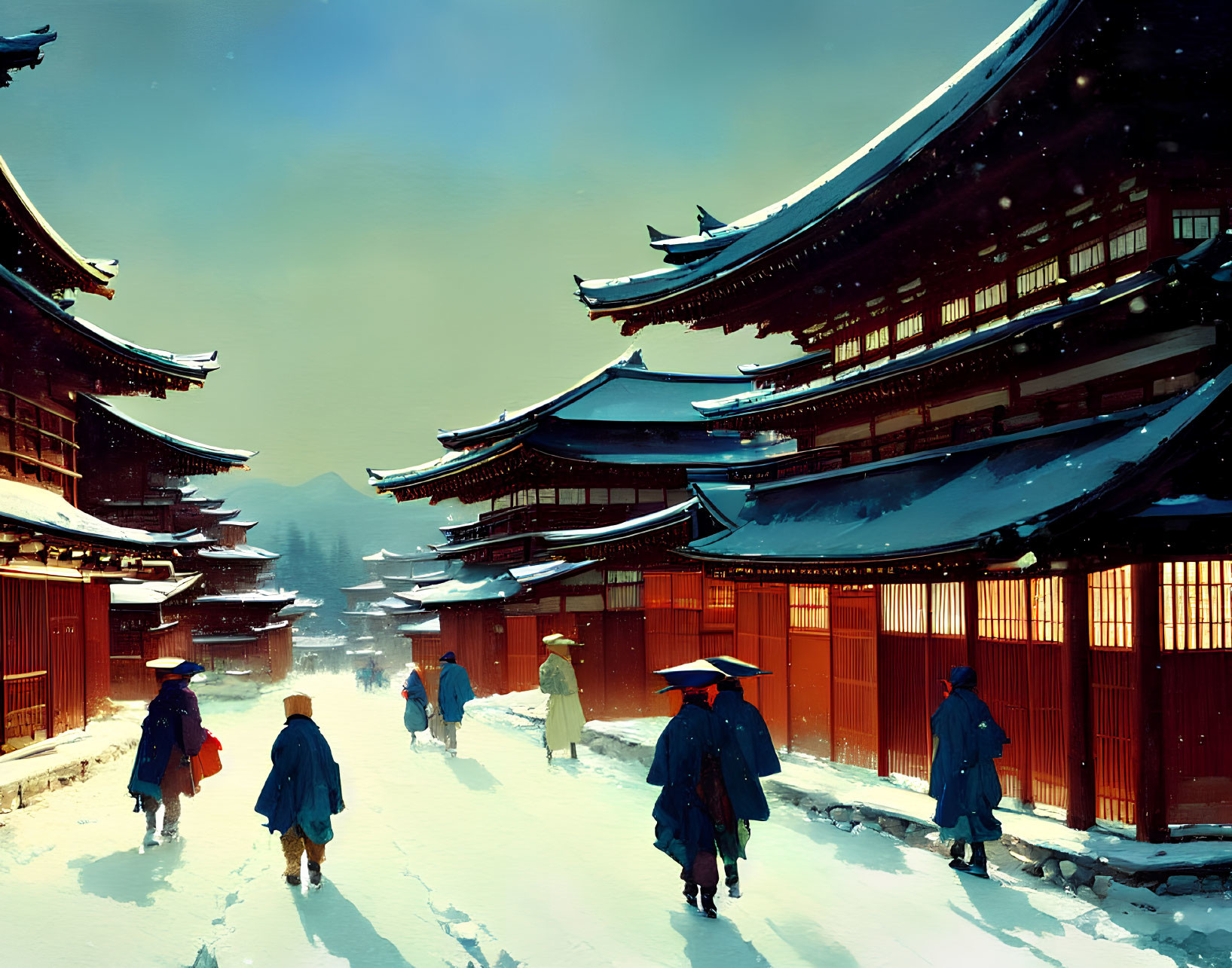 Snow-covered roofs on traditional Japanese buildings with people in historical attire walking along a snowy path