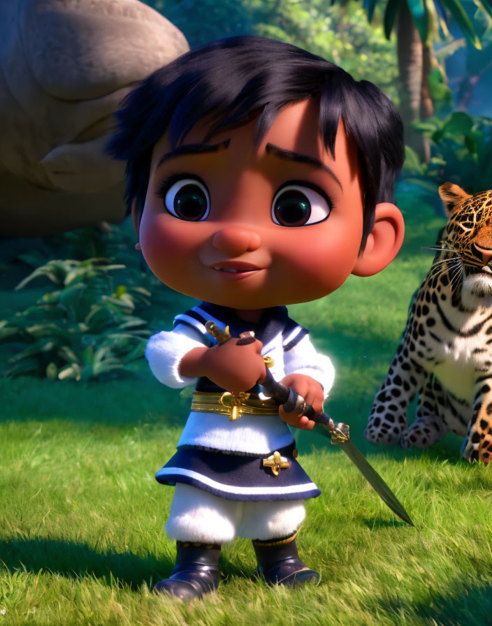 3D animated Roman soldier boy with sword beside leopard