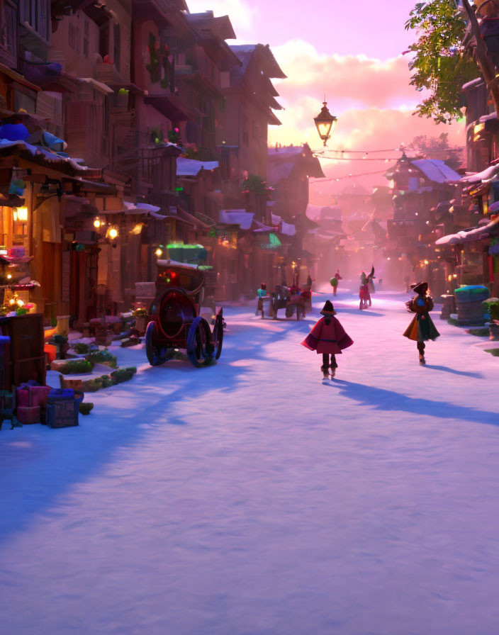 Snowy Street at Dusk with Period Costumes, Carriage, Lanterns, and Glowing
