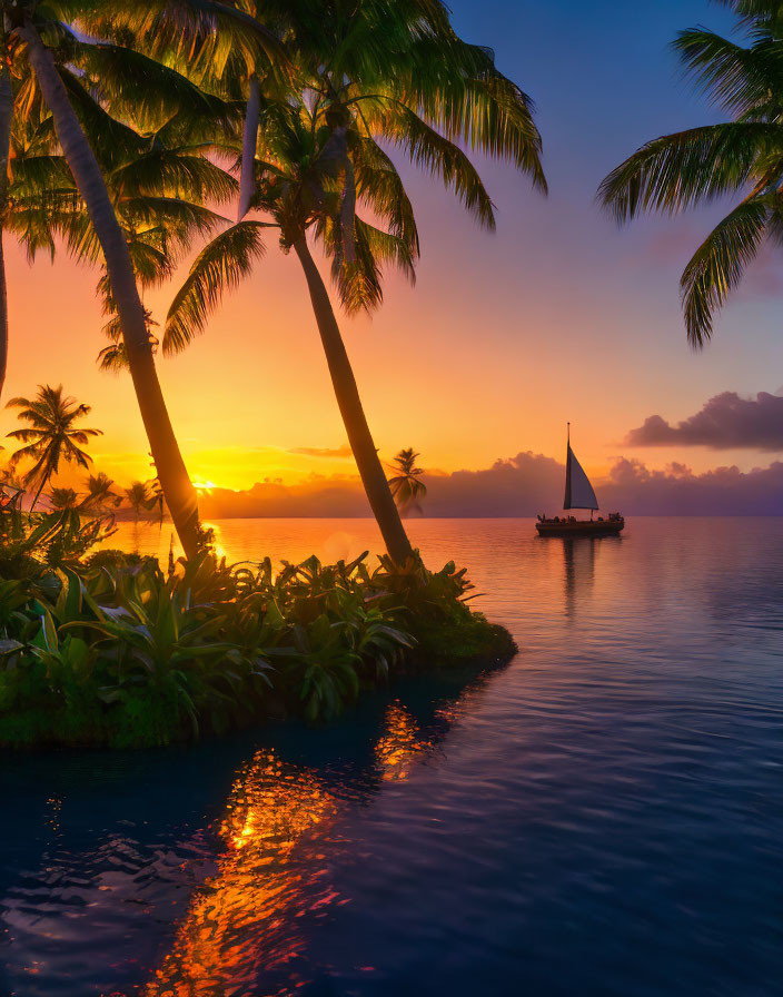 Scenic tropical sunset with palm trees and sailboat on calm water