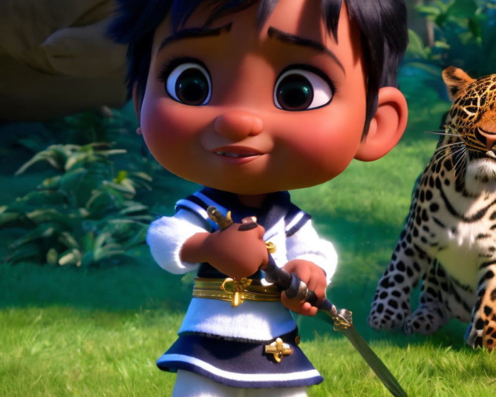 3D animated Roman soldier boy with sword beside leopard