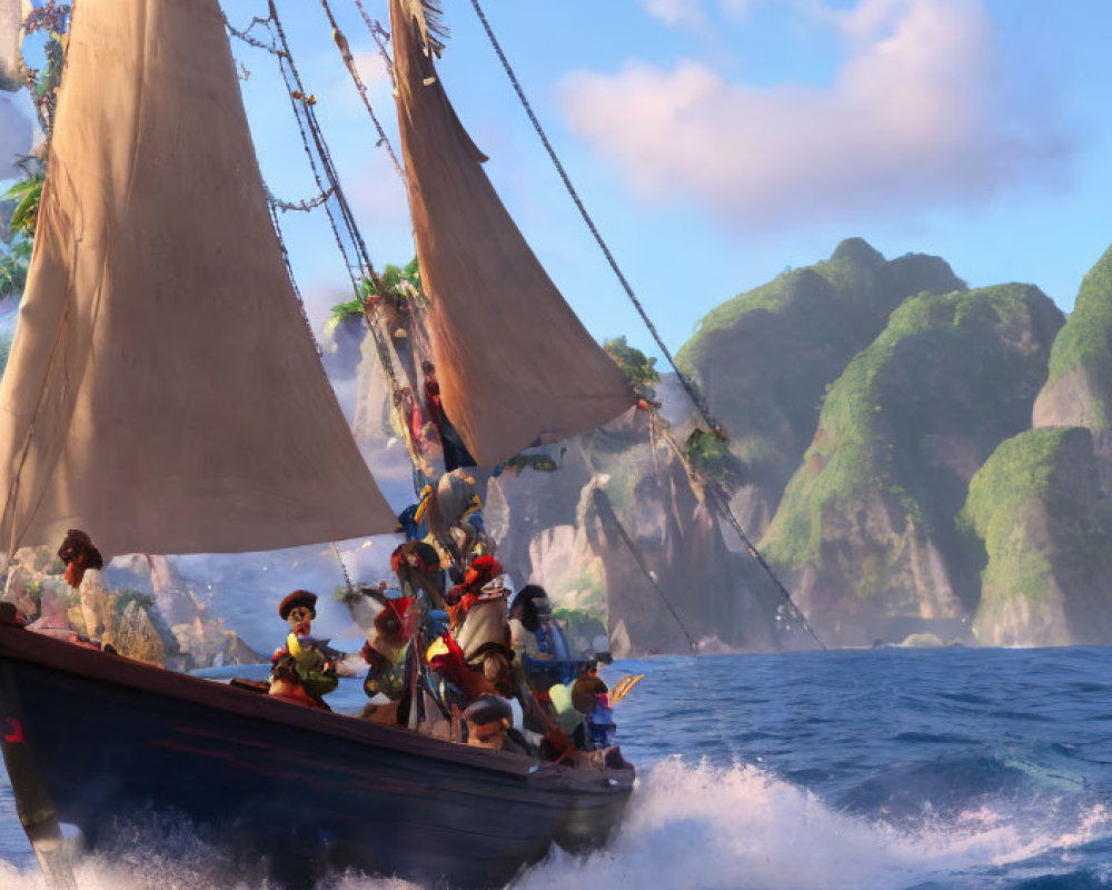 Animated characters on Polynesian-style double-hulled canoe sail across lush green islands