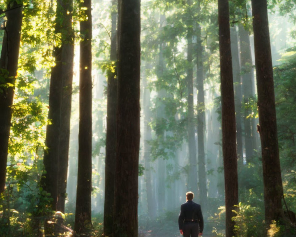 Person walking on forest path with sunlight streaming through trees