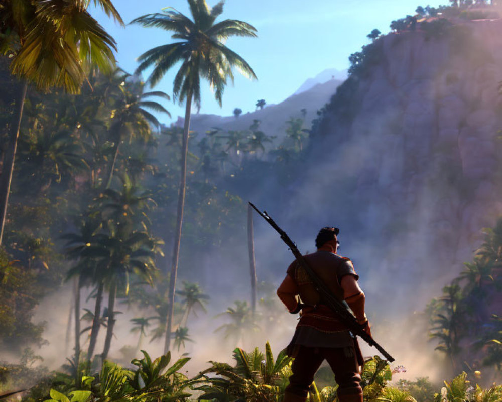 Warrior on jungle path with palm trees, mountain, and blue sky