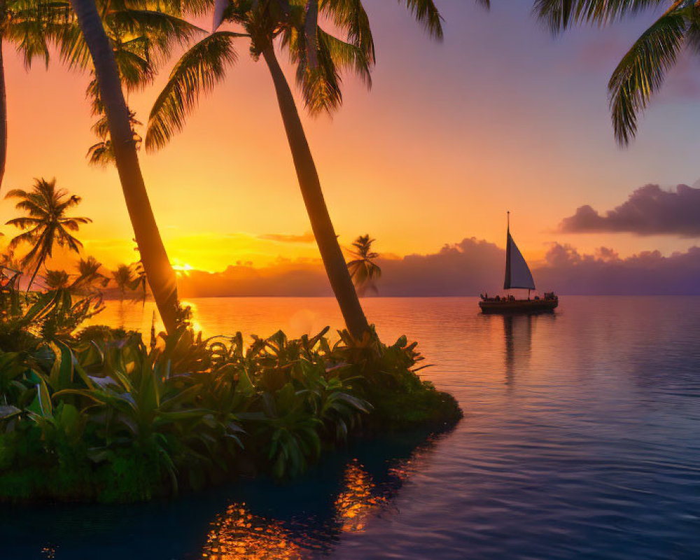 Scenic tropical sunset with palm trees and sailboat on calm water