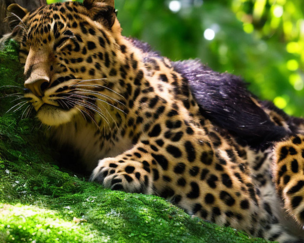 Leopard resting on mossy branch in lush forest with sunlight filtering through foliage