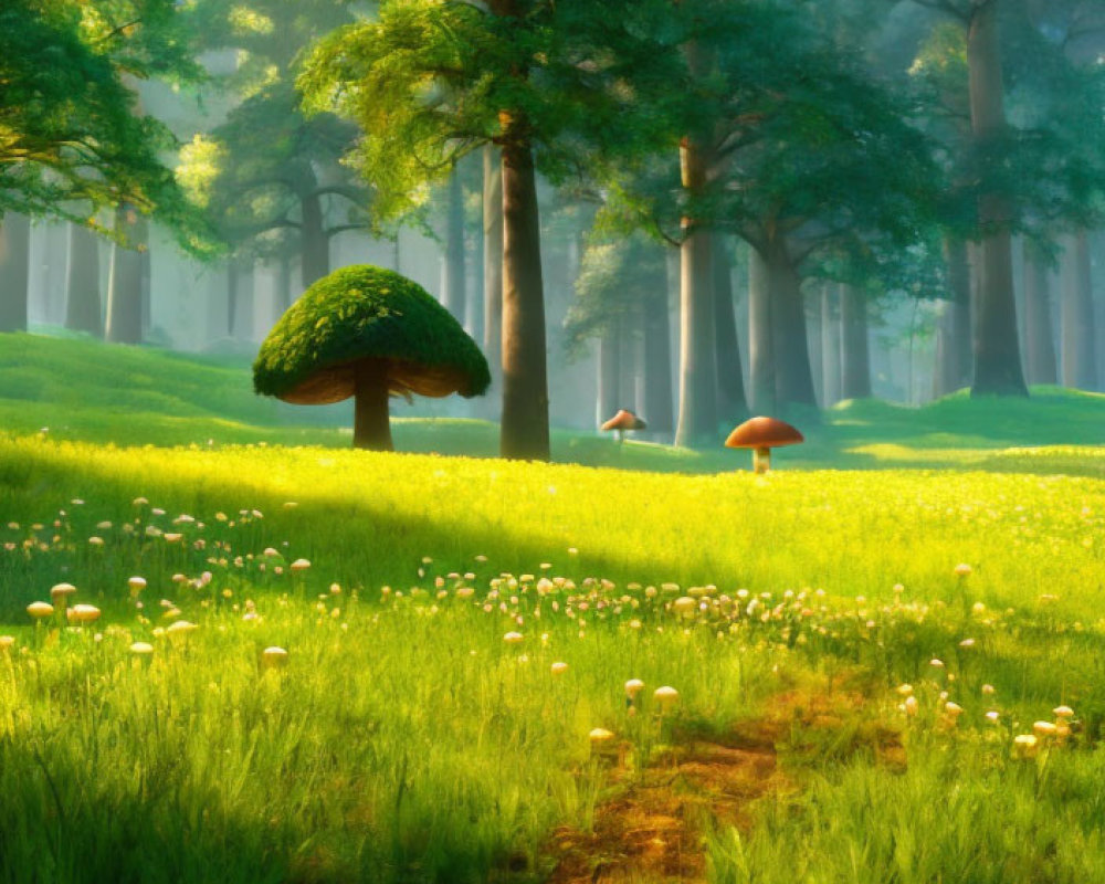 Sunlit Forest Glade with Mushrooms and Magical Atmosphere