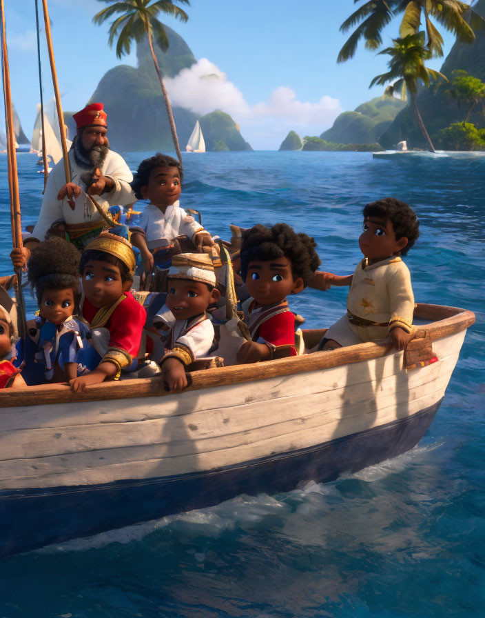 Animated characters on a boat with curious children and adult steering, tropical backdrop