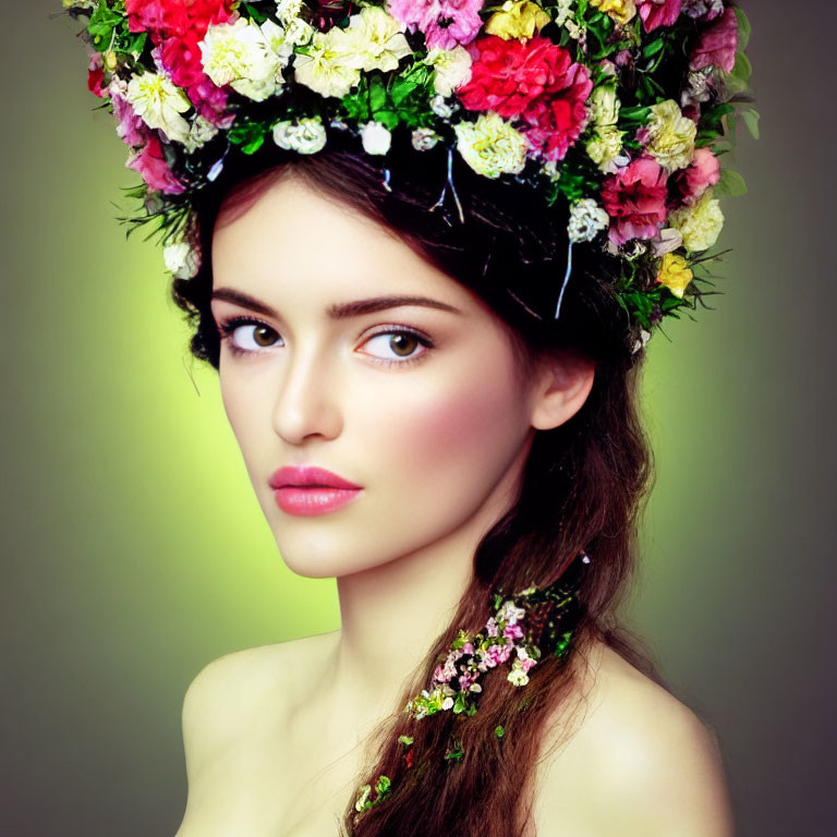 Woman with Floral Crown and Braided Flowers on Green Background