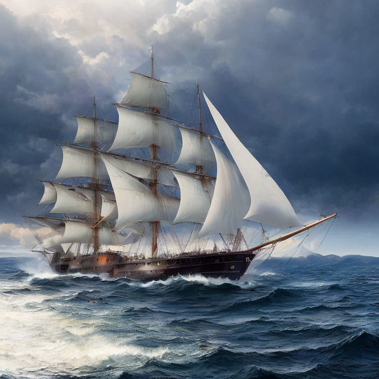 Majestic tall ship with multiple sails navigating stormy seas
