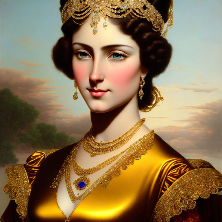 Portrait of Woman with Dark Hair in Golden Dress and Jewelry Against Sky