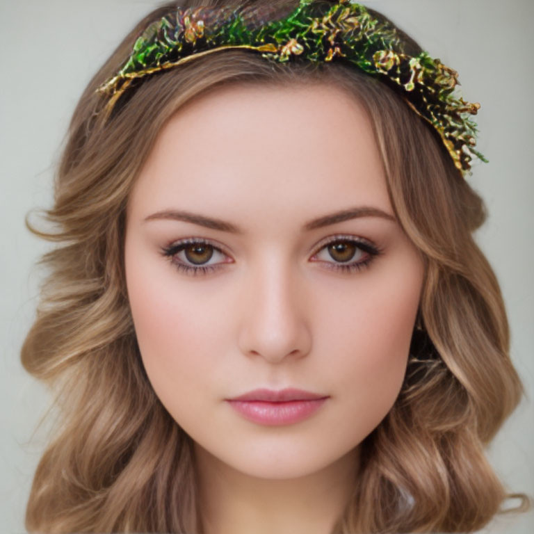 Medium-length wavy hair woman in decorative headband with neutral expression