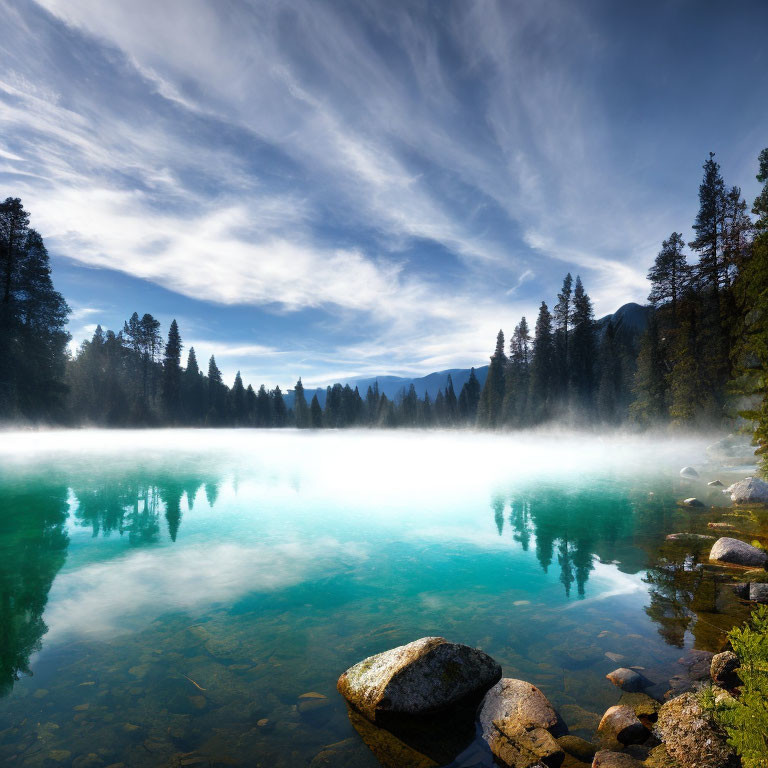 Scenic misty lake with clear water, reflecting cloudy sky and surrounded by forest and mountains.