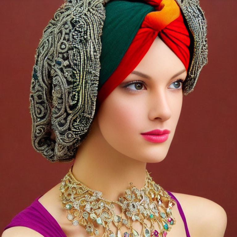 Portrait of Woman with Striking Blue Eyes in Multicolored Turban and Gold Necklace on Maroon