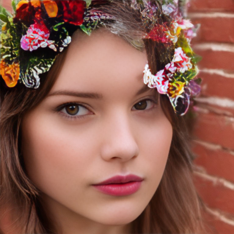 Young woman with floral headband and brown hair against brick wall.