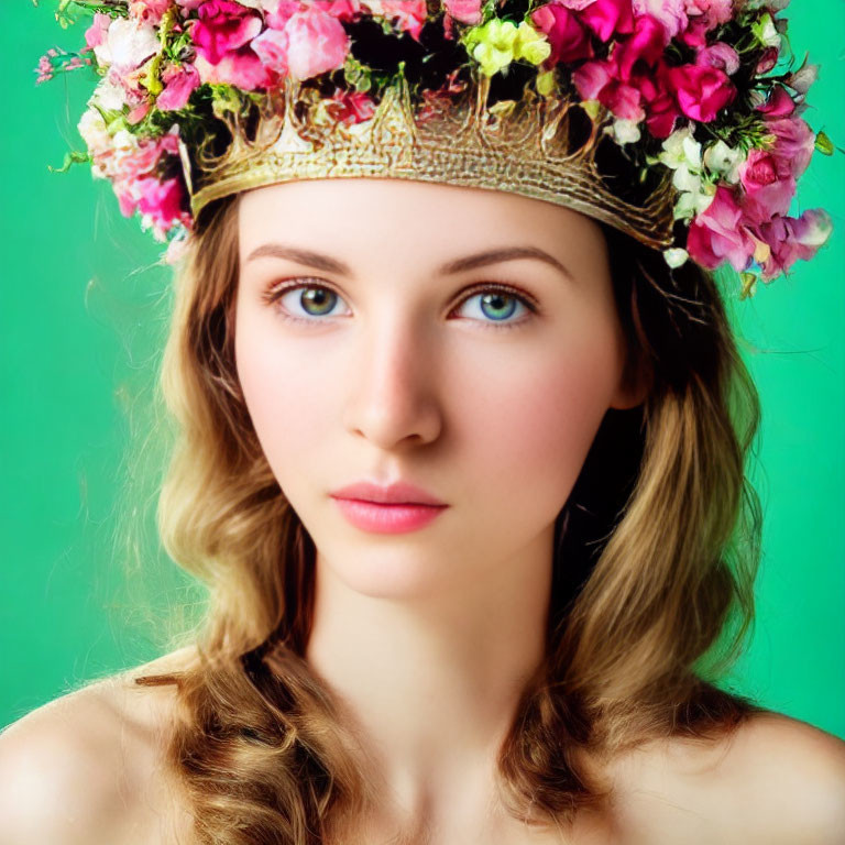 Portrait of a woman with floral crown and golden tiara on green background