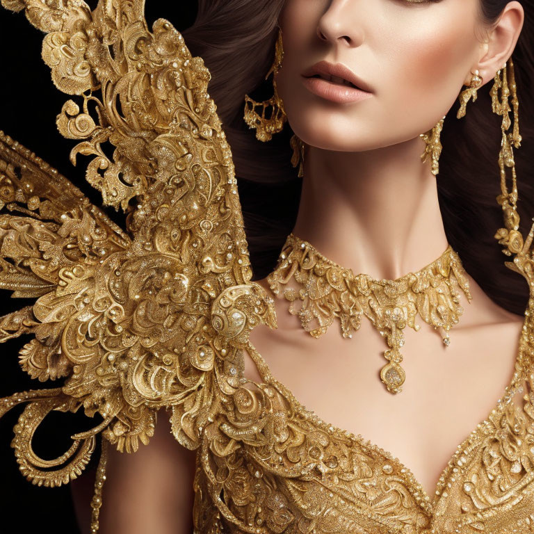 Luxurious gold embroidered attire with wing-like accessory and matching jewelry.