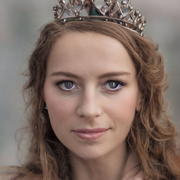 Close-up portrait of woman with crown, wavy hair, and blue eyes