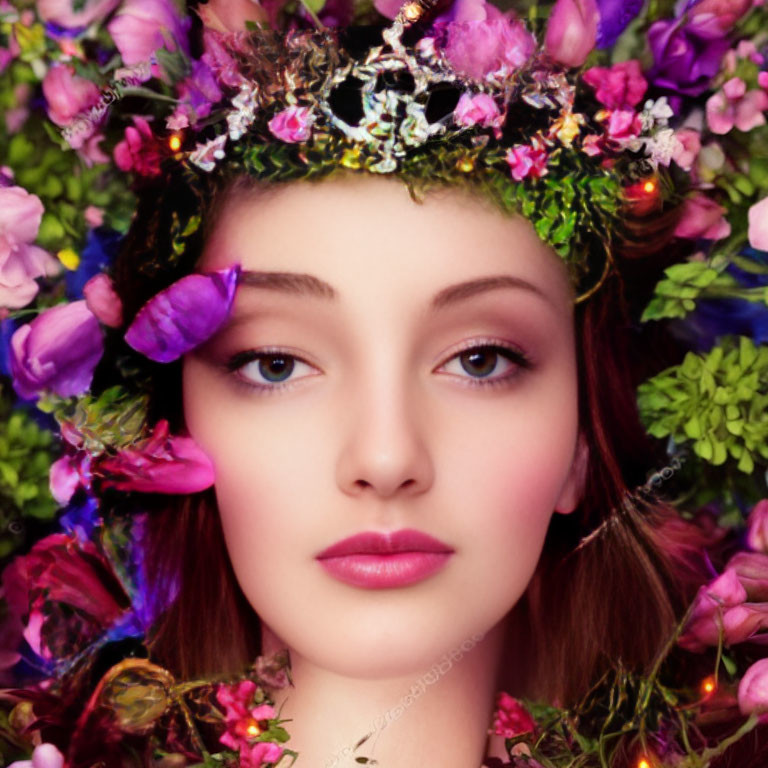 Young Woman with Floral Crown in Vibrant Purple and Green Foliage